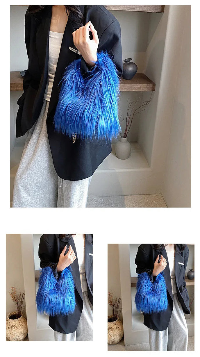Blue fluffy bag held by a person in various poses with a neutral background.