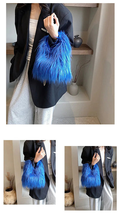 Blue fluffy bag held by a person in various poses with a neutral background.