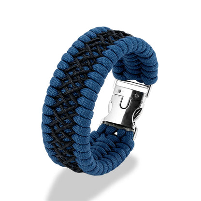 Blue and black braided bracelet with a silver clasp on a white background