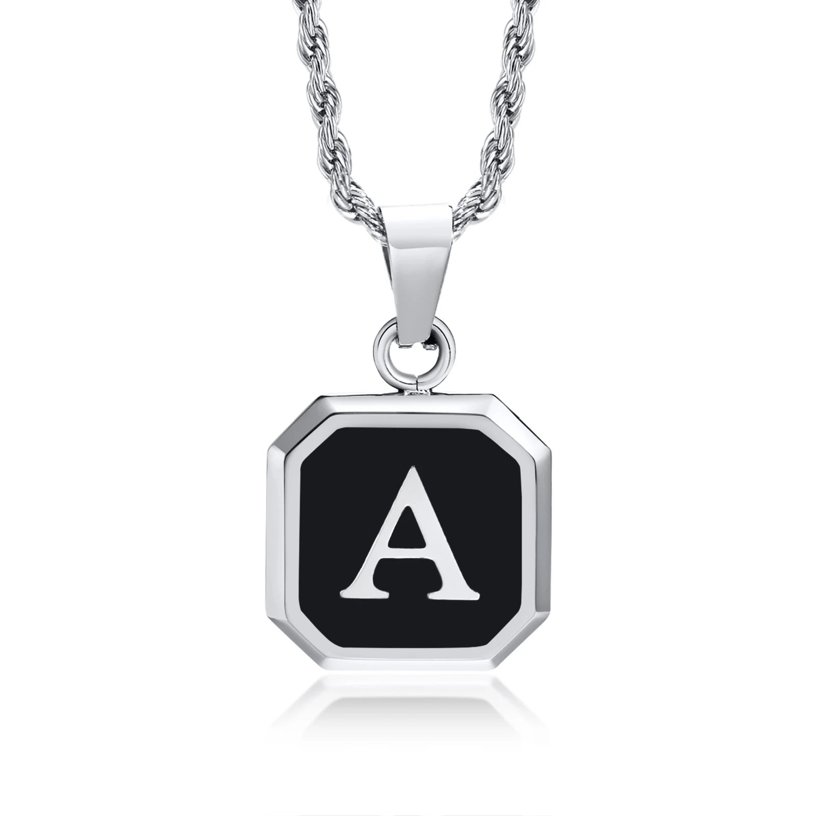 Necklace with a black octagonal pendant featuring the letter 'A' on a white background