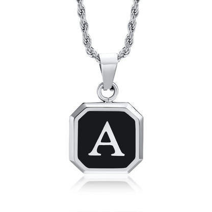 Necklace with a black octagonal pendant featuring the letter 'A' on a white background