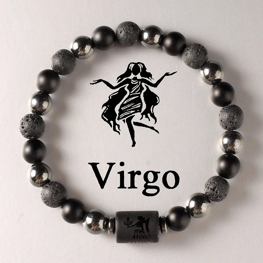 Bracelet with black and grey beads featuring a Virgo zodiac symbol on a white background