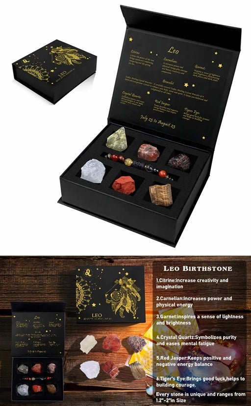 Crystal set with packaging and bracelet, accompanied by text about Leo birthstone.