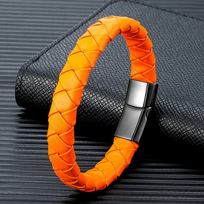 Orange braided pattern leather bracelet with black metal clasp