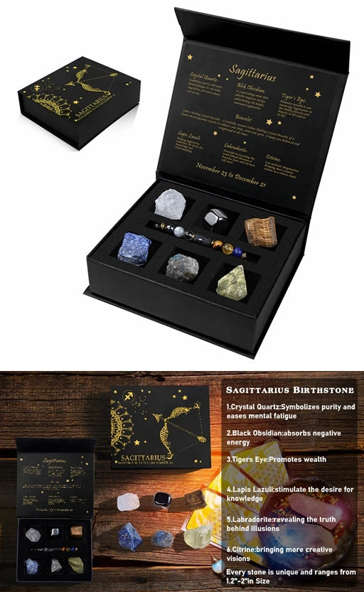 Crystal set with packaging and bracelet, accompanied by text about Sagittarius birthstone.