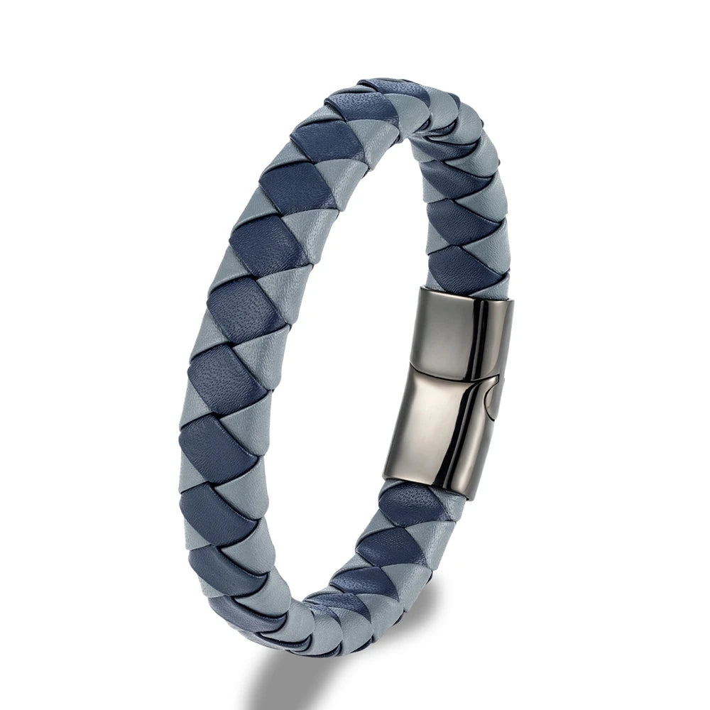 Light grey and blue braided pattern leather bracelet with black metal clasp on white background