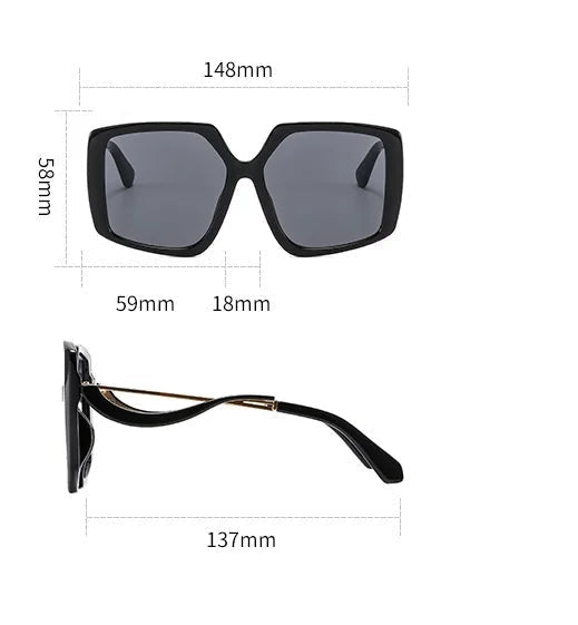 Information graphic for fashion sunglasses showing front and side views with dimensions, weight 37g, metal+PC frame material, PC lens material, and shading/decoration function on a white background.