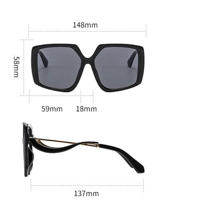 Information graphic for fashion sunglasses showing front and side views with dimensions, weight 37g, metal+PC frame material, PC lens material, and shading/decoration function on a white background.