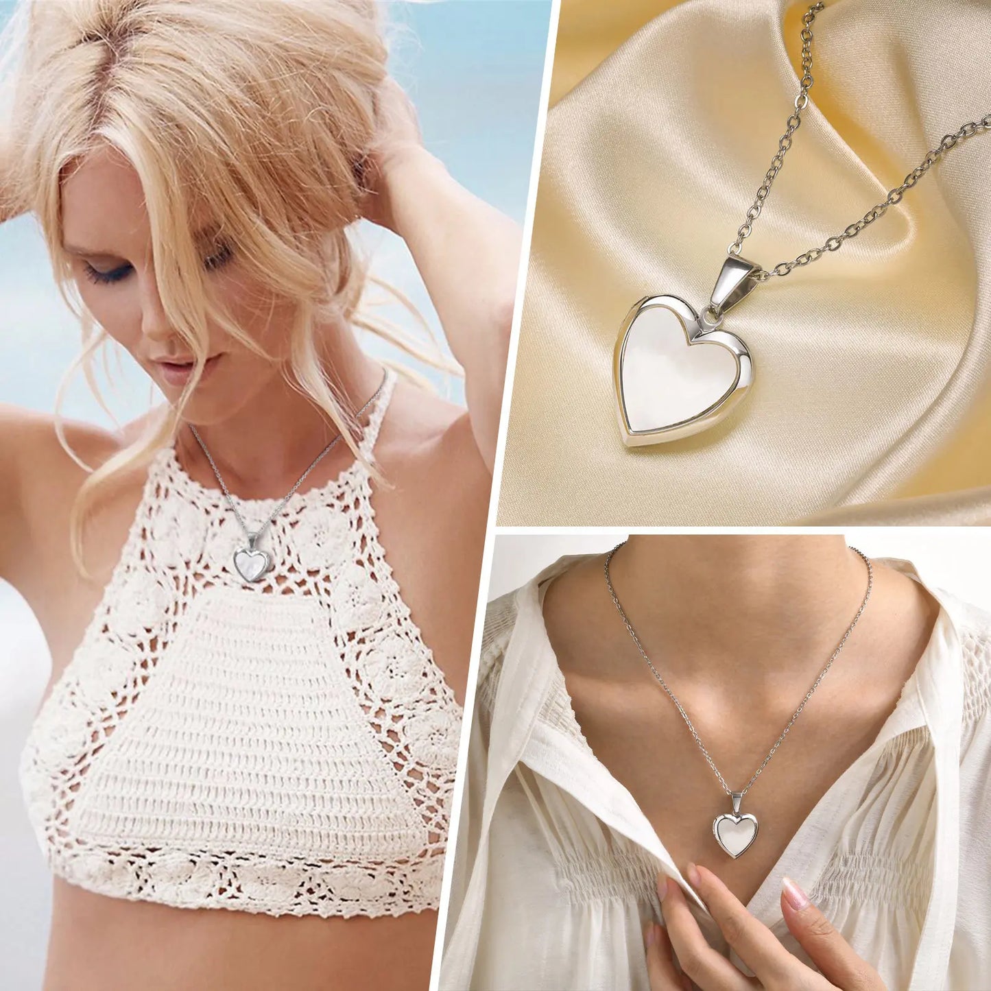 Woman wearing a white crochet top with a heart-shaped pendant, close-up of the pendant.