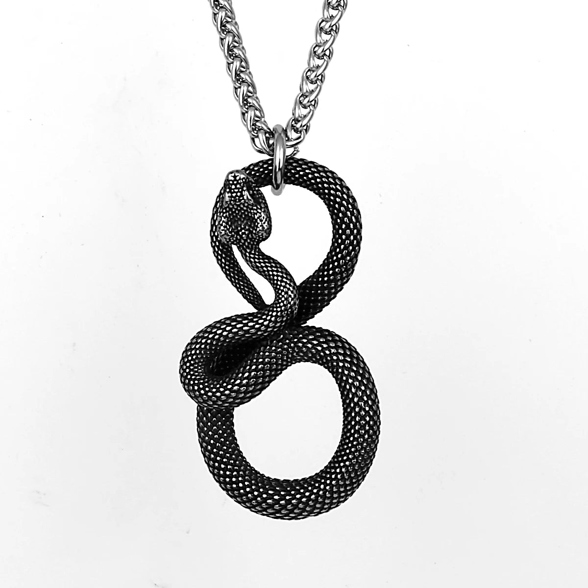 Black snake-shaped pendant on a chain against a white background