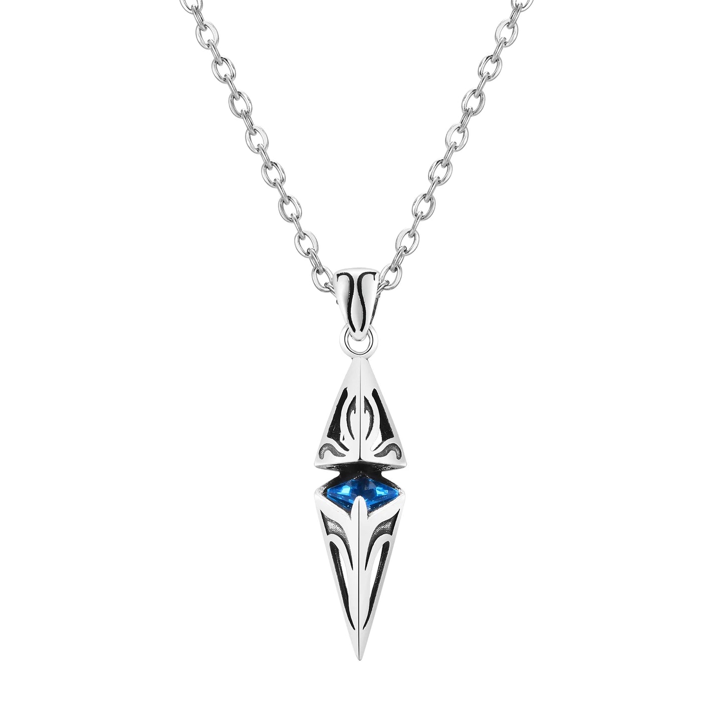 Silver pendant with blue gemstone on a white background