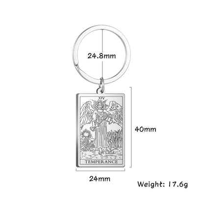 Keychain with Tarot card design and measurements on a white background