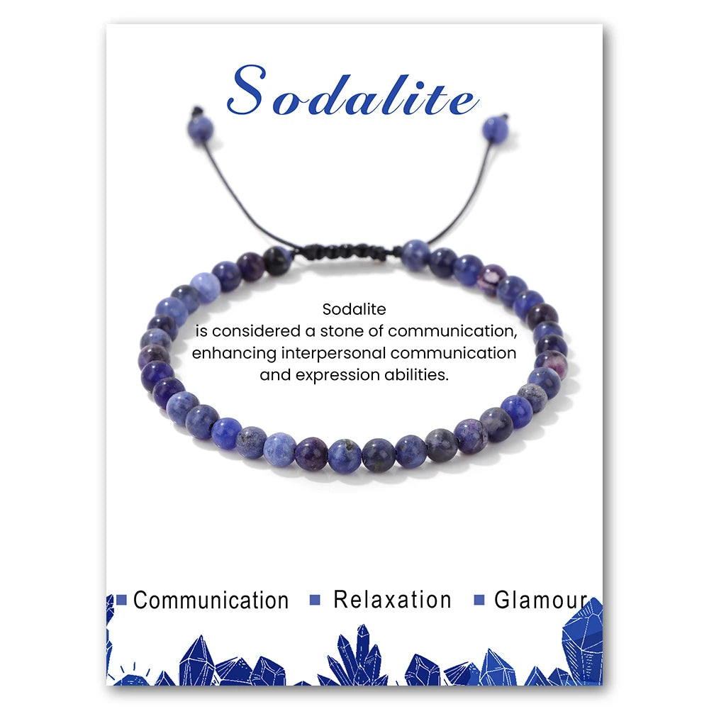 Sodalite bracelet on a card with text about its properties