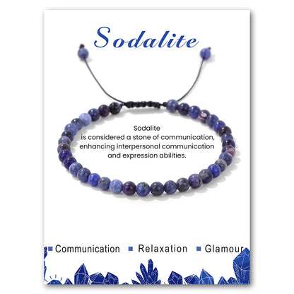 Sodalite bracelet on a card with text about its properties