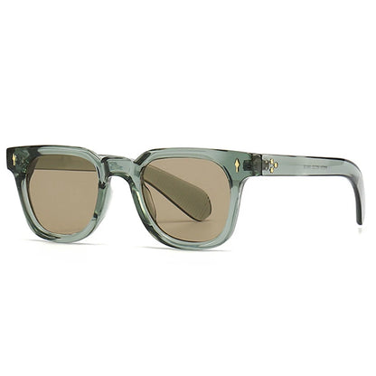Sunglasses with green frame and brown lenses on a white background