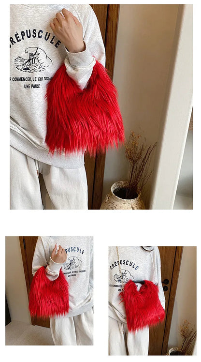 Red fluffy bag held by a person wearing a white sweatshirt with text.