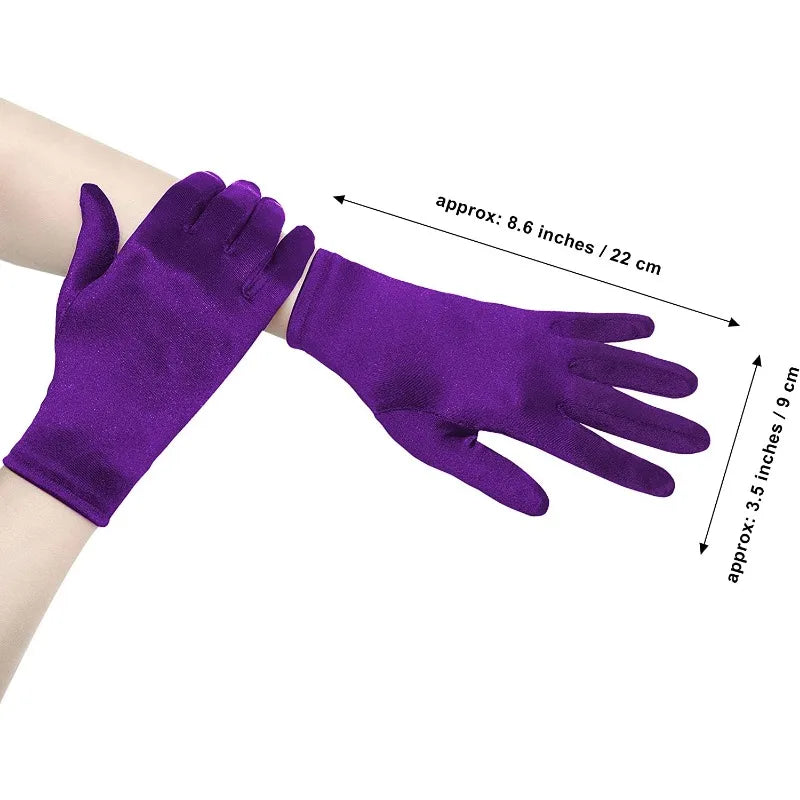 Purple gloves being worn on a white background with measurements indicated.
