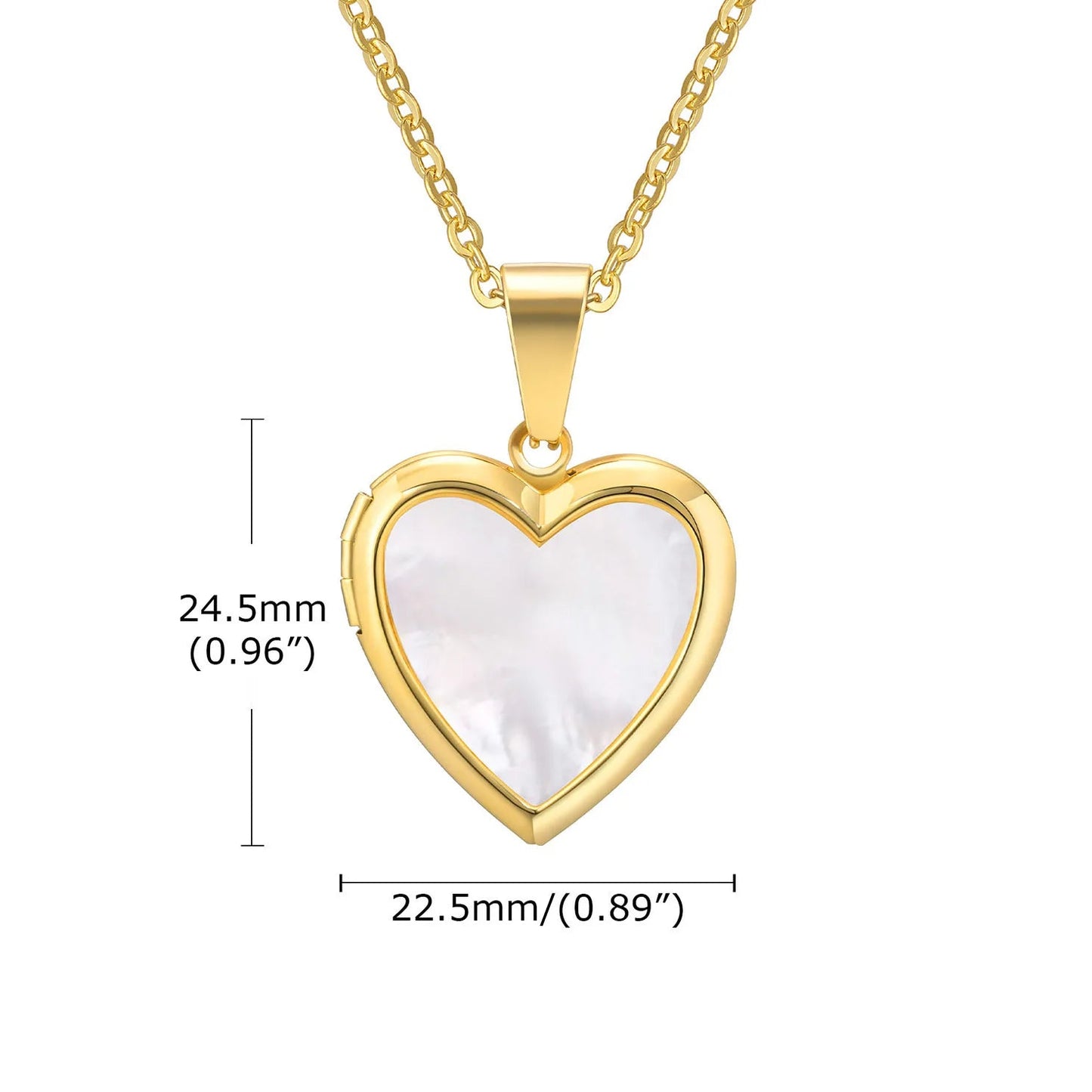 Heart-shaped pendant necklace with gold plating and shell material, showing measurements and material details.