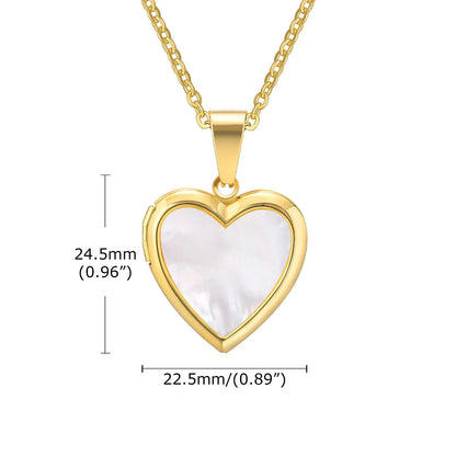 Heart-shaped pendant necklace with gold plating and shell material, showing measurements and material details.