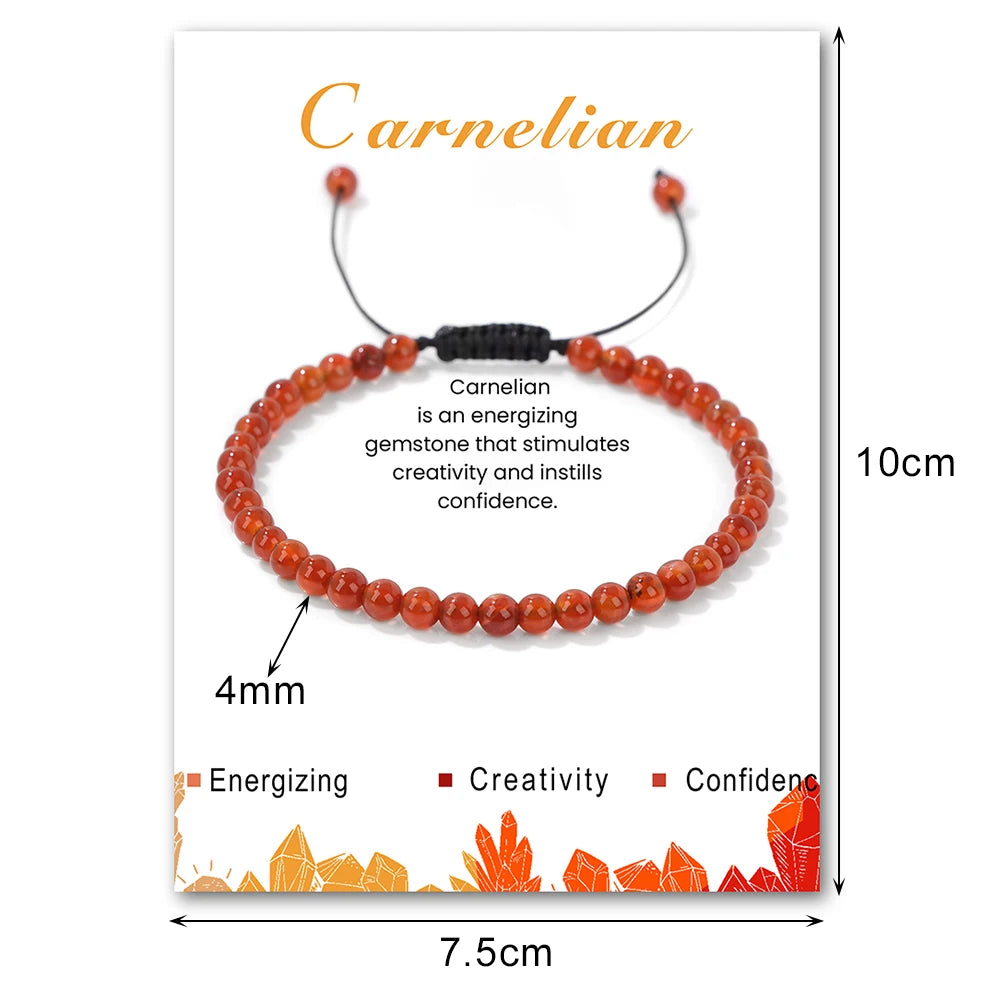 Carnelian bracelet with measurements and properties on a white background