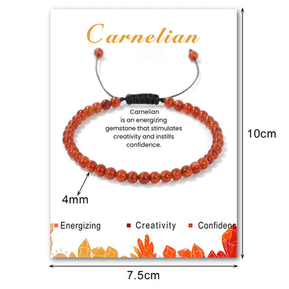 Carnelian bracelet with measurements and properties on a white background