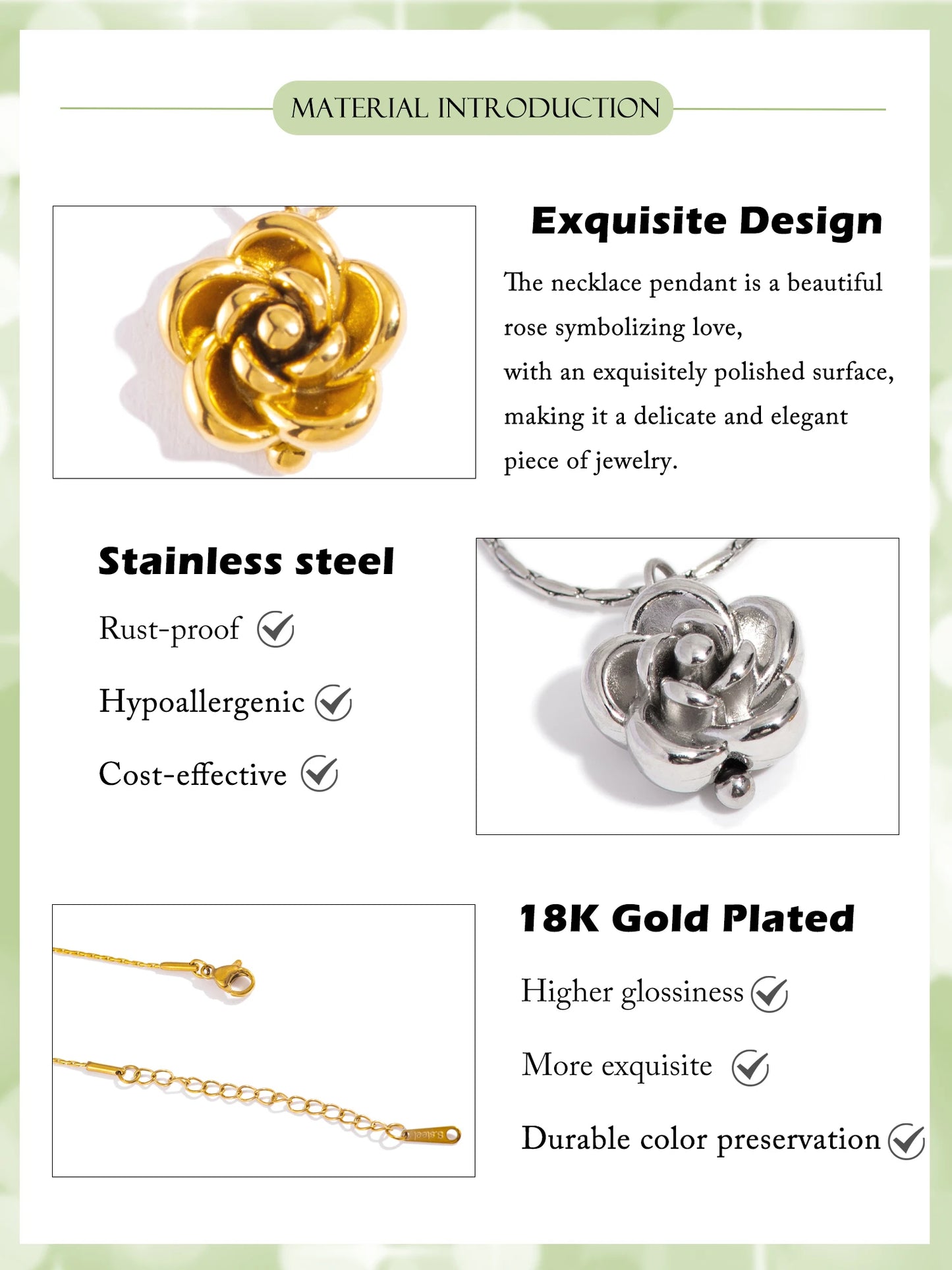 Necklace pendant with rose design, material introduction text, and product features.