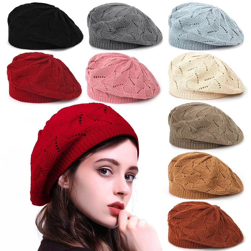 Collection of knit hats in various colours with a model wearing a red hat.