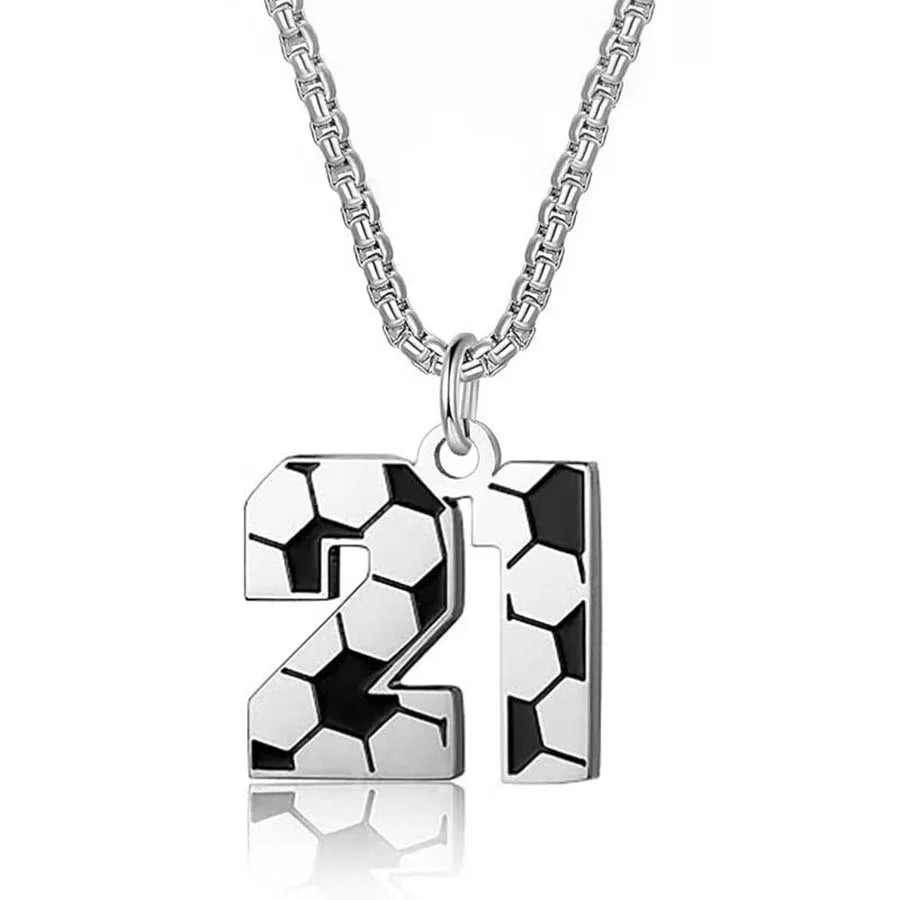 Soccer-themed necklace with number 21 pendant on a white background