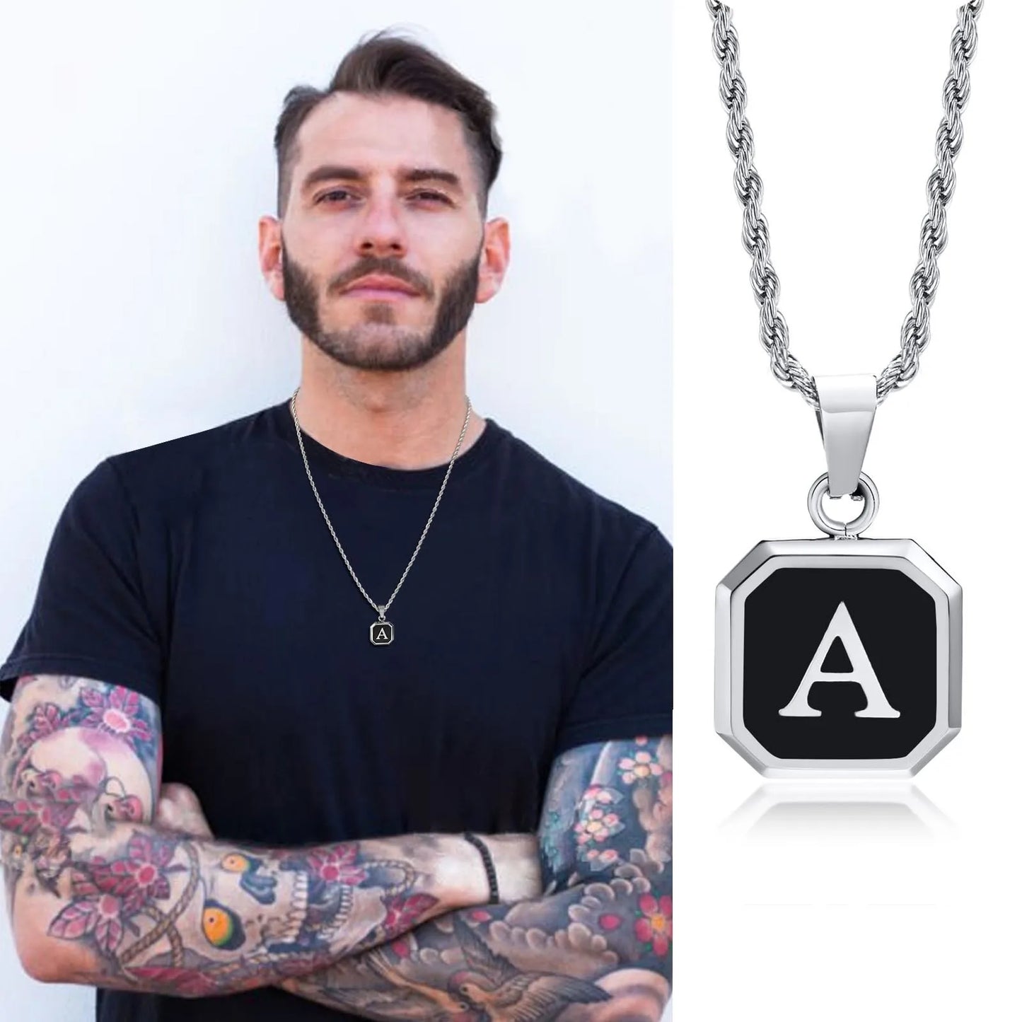 Man wearing a necklace with a black and silver pendant featuring the letter 'A'.