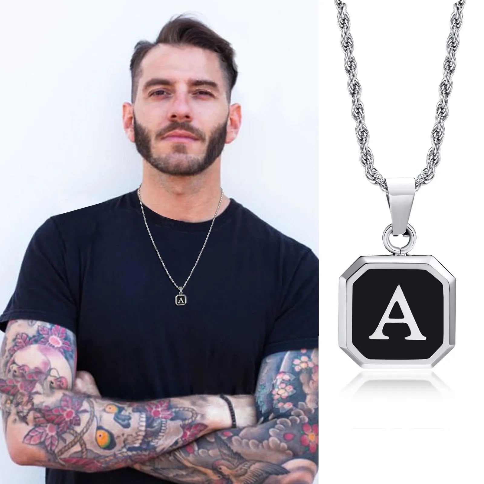 Man wearing a necklace with a black and silver pendant featuring the letter 'A'.