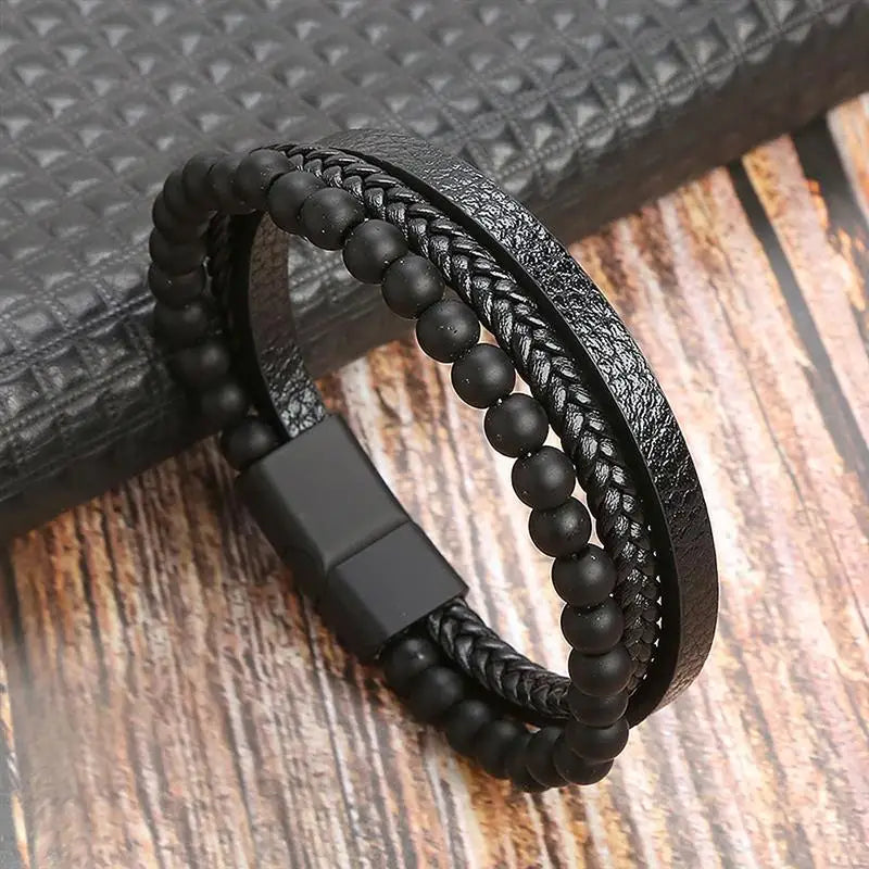 Classic Bead Plaited Leather Bracelet