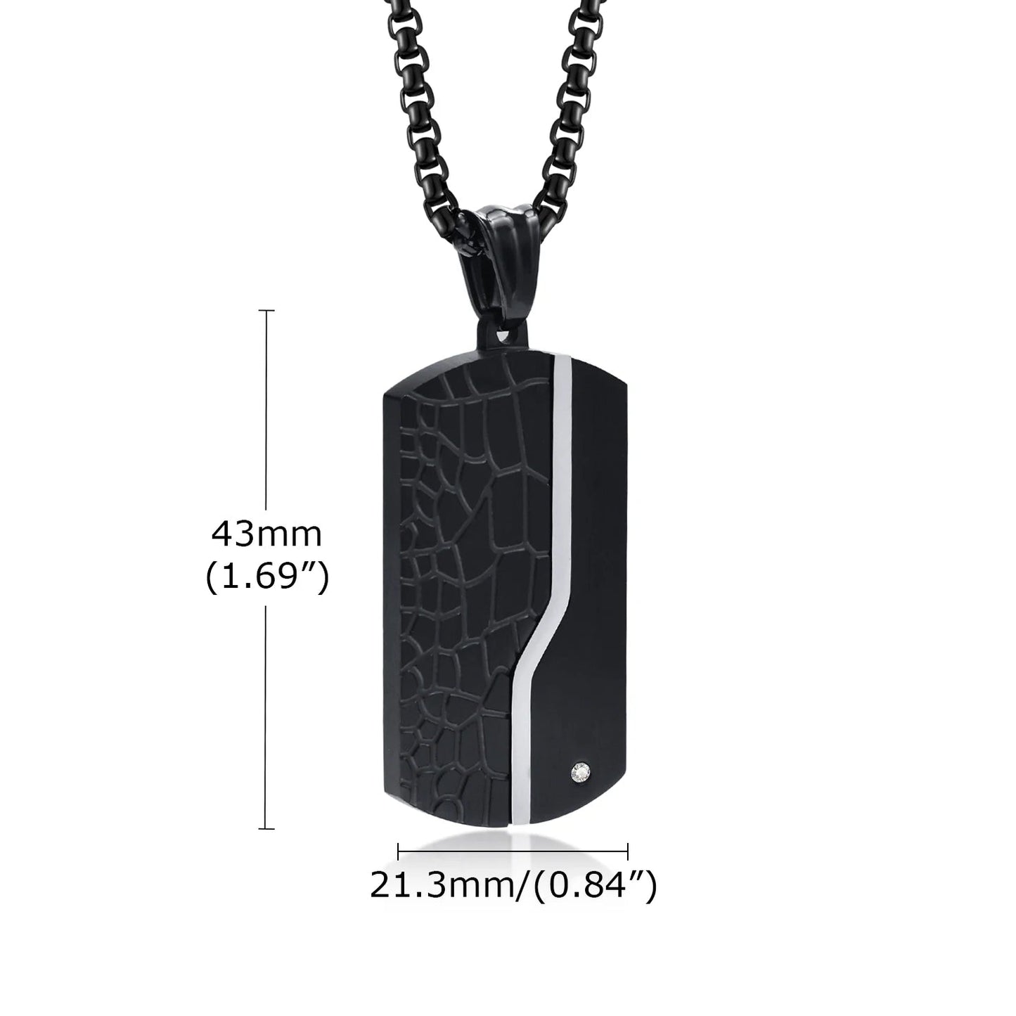 Black pendant necklace with measurements on a white background