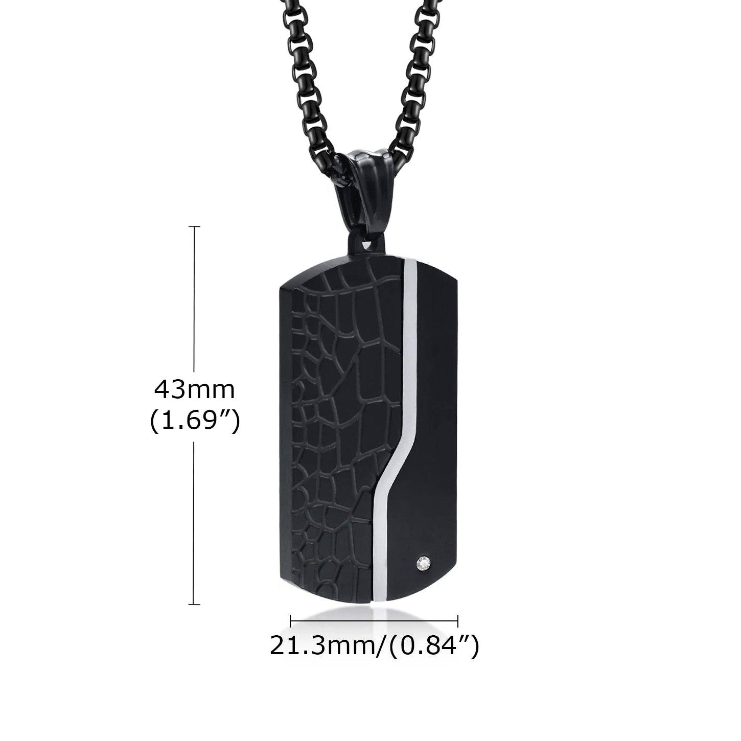 Black pendant necklace with measurements on a white background