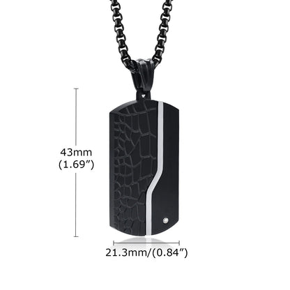 Black pendant necklace with measurements on a white background