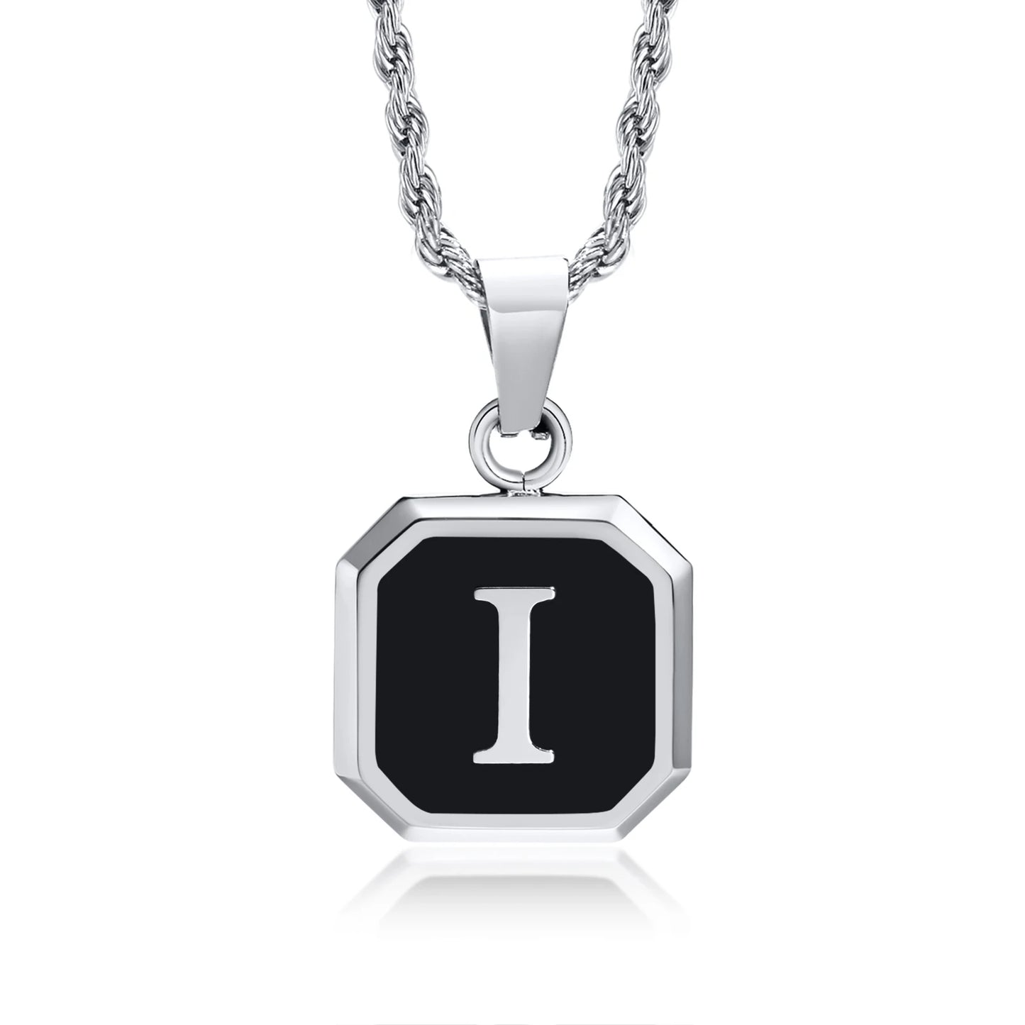 Necklace with a black octagonal pendant featuring the letter 'I'.