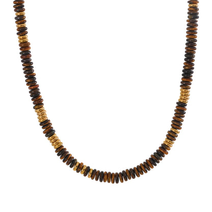 Necklace with brown and gold beads on a white background