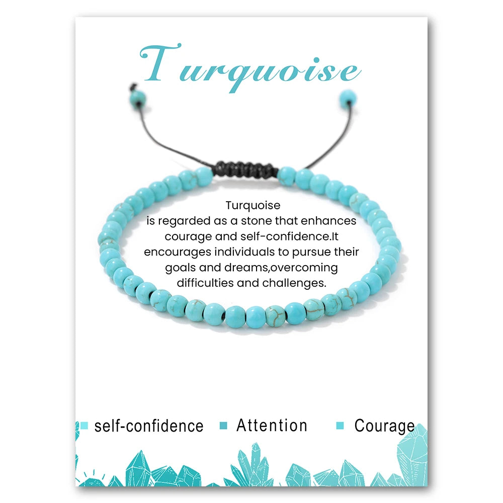Turquoise beaded bracelet on a card with descriptive text and decorative elements.