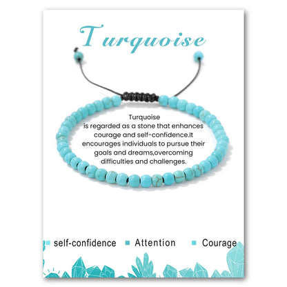 Turquoise beaded bracelet on a card with descriptive text and decorative elements.