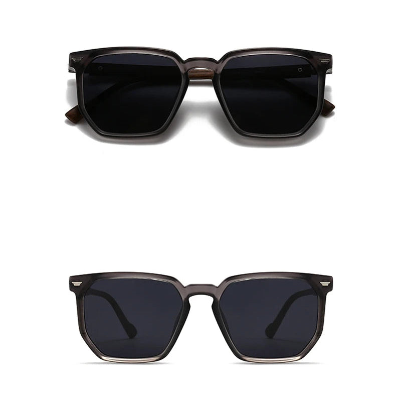 Grey and black sunglasses shown from different angles on a white background.
