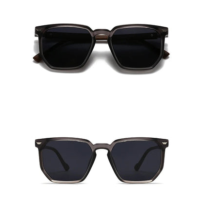 Grey and black sunglasses shown from different angles on a white background.