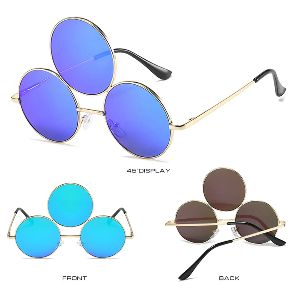 Round sunglasses with blue and brown lenses on a white background