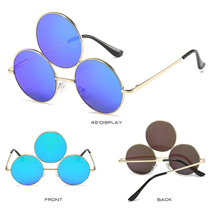 Round sunglasses with blue and brown lenses on a white background