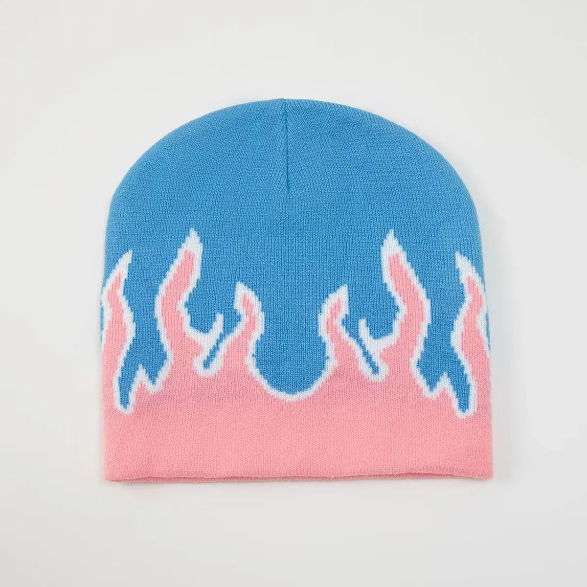 Blue and pink beanie with flame design on a light grey background