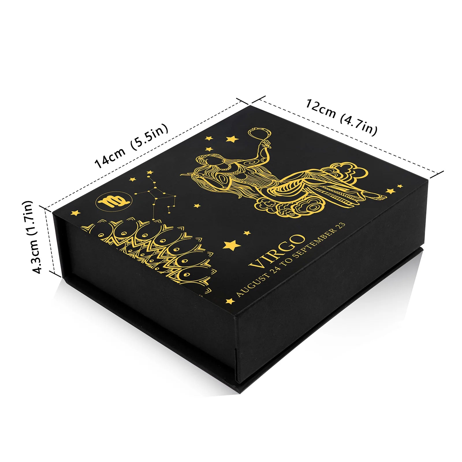 Black box with gold zodiac design and dimensions on a white background