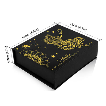 Black box with gold zodiac design and dimensions on a white background