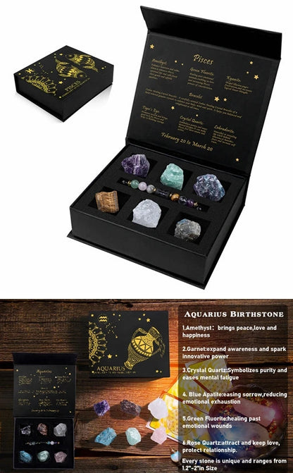 Crystal set with packaging and bracelet, with text about Aquarius birthstone
