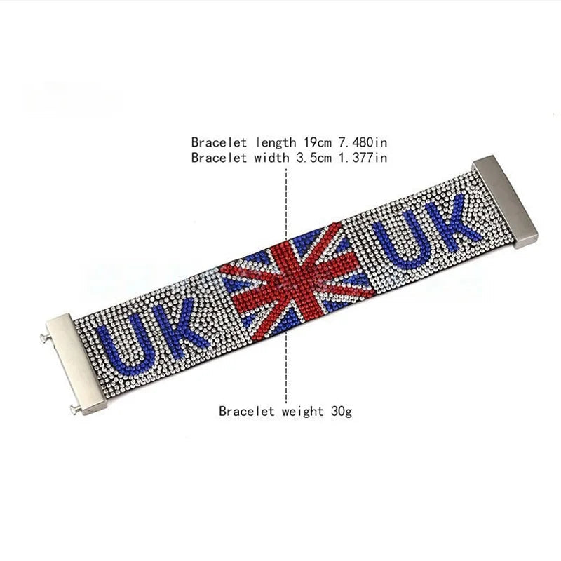 Bracelet with Union Jack design and 'UK' text on a white background.