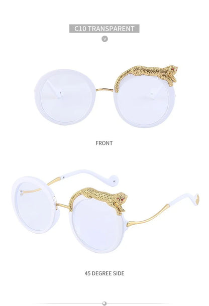 White sunglasses with gold accents on a white background