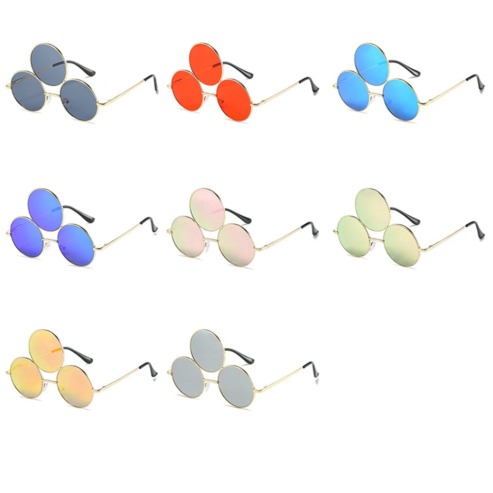 Set of eight round sunglasses with different colored lenses on a white background