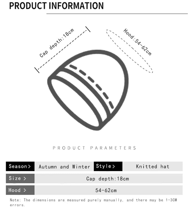 Measurement chart for a knitted hat with dimensions and product parameters.